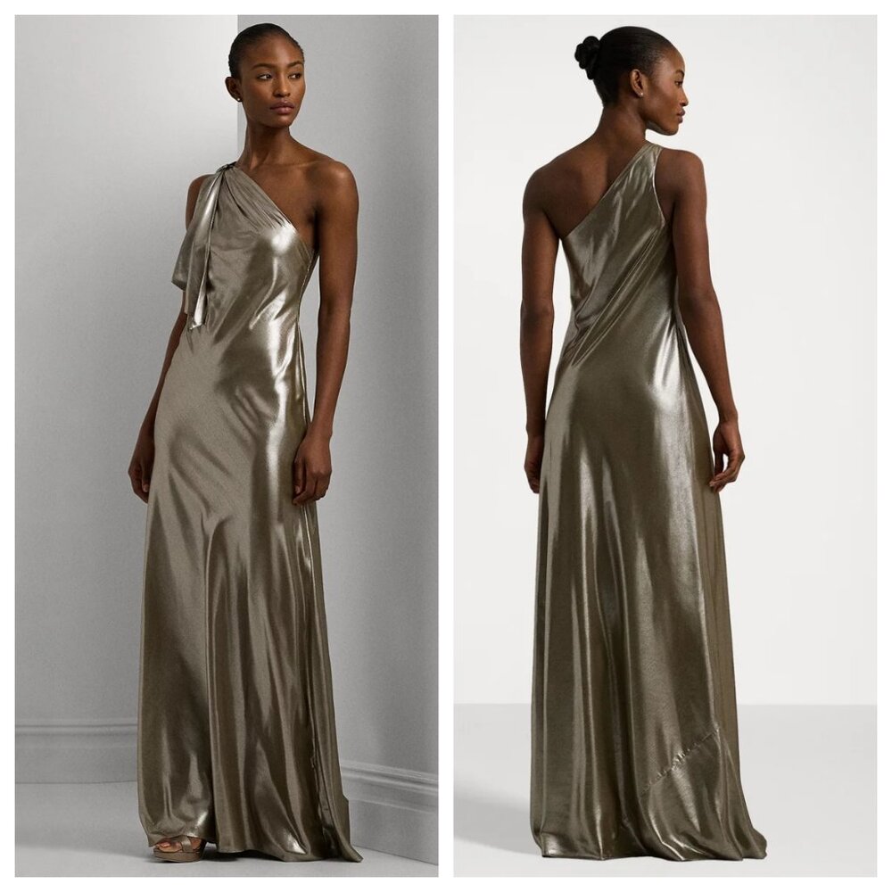 Lauren Ralph Lauren One-Shoulder Metallic Chiffon Gown in Pewter